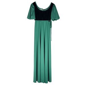 Vintage House of Bianchi Velvet Bodice Empire Waist Maxi Dress Green 60s 70s
